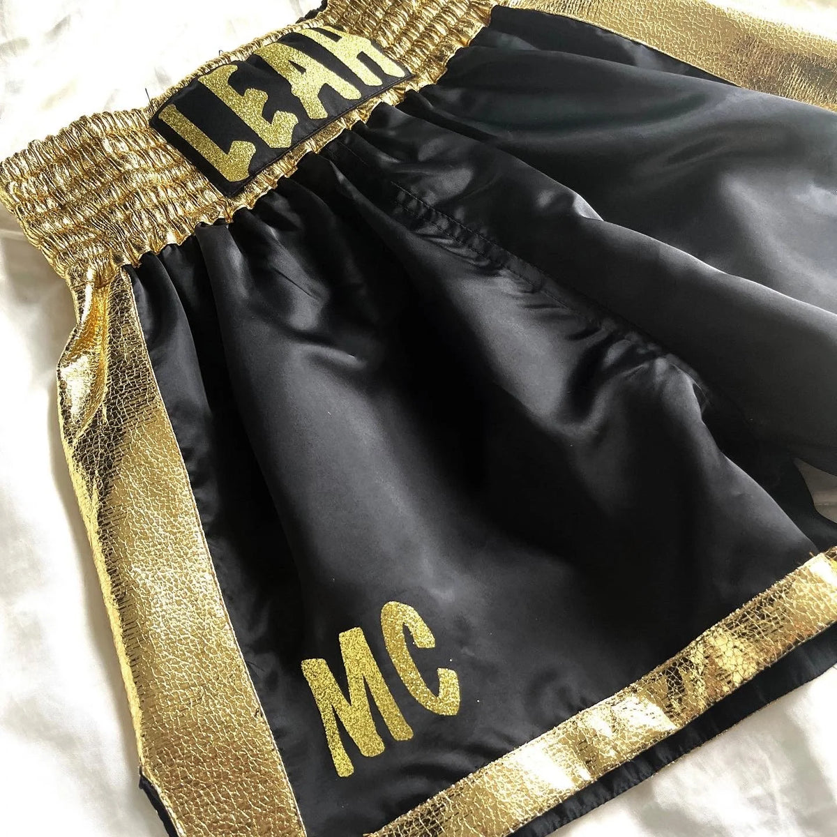 SATIN BLACK/ GOLD WOMENS BOXING TRUNKS