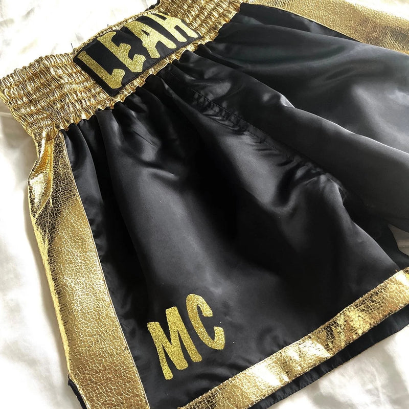 SATIN BLACK/ GOLD WOMENS BOXING TRUNKS