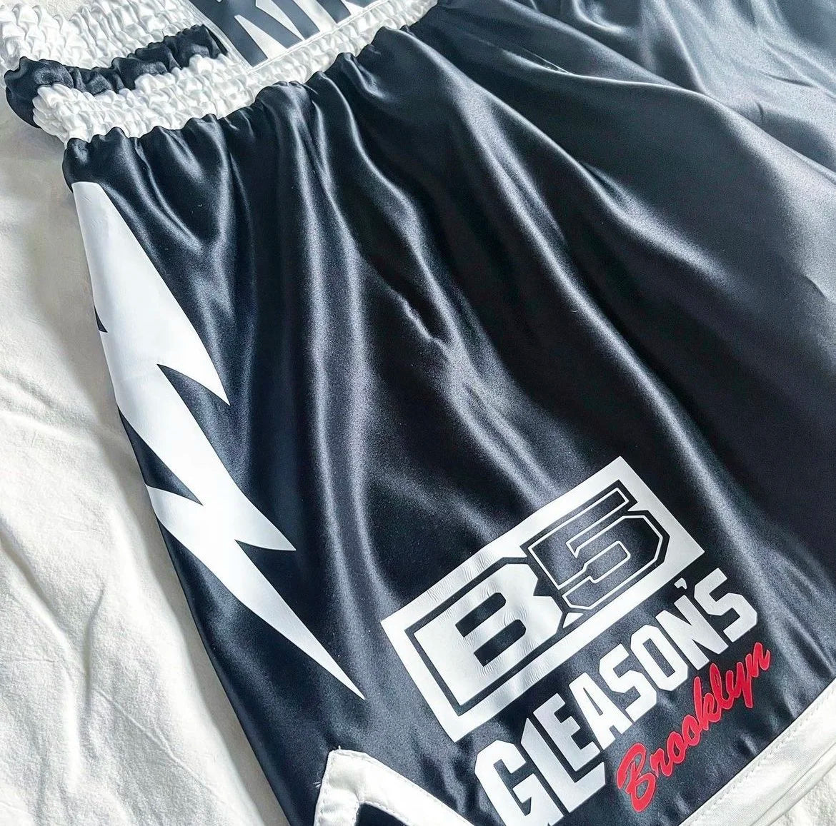 SATIN BLACK/ WHITE SATIN MENS BOXING TRUNKS