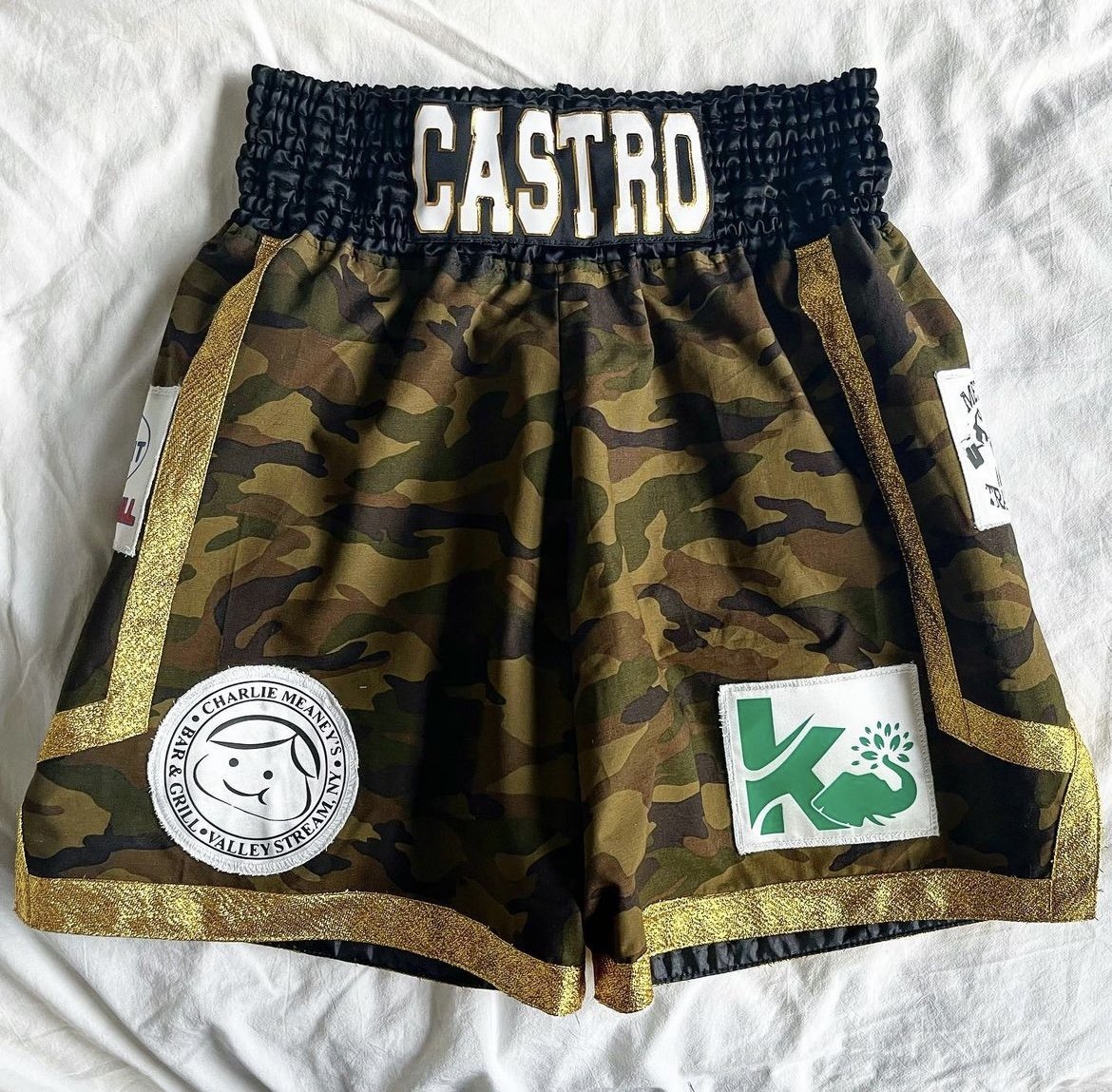 CAMO/ GOLD MENS BOXING TRUNKS