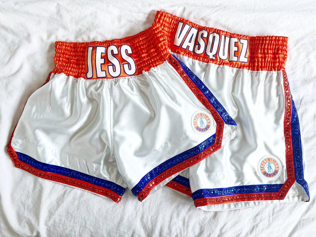 SATIN WHITE/ ORANGE MENS/ WOMENS BOXING TRUNKS