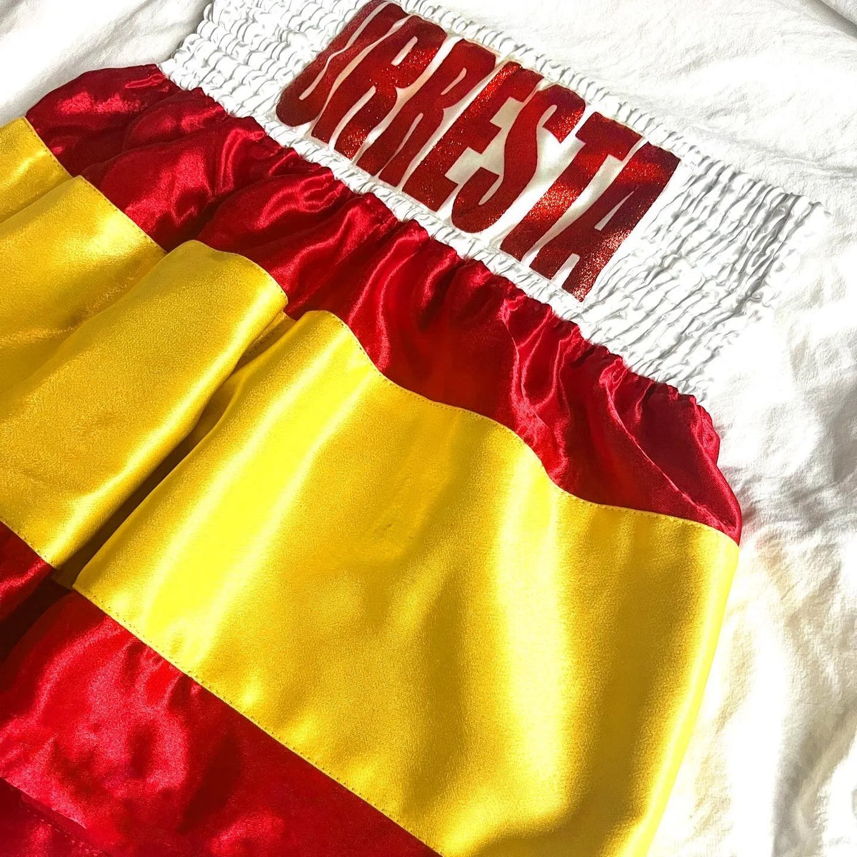 SPAINISH FLAG INSPIRED SATIN MENS BOXING TRUNKS