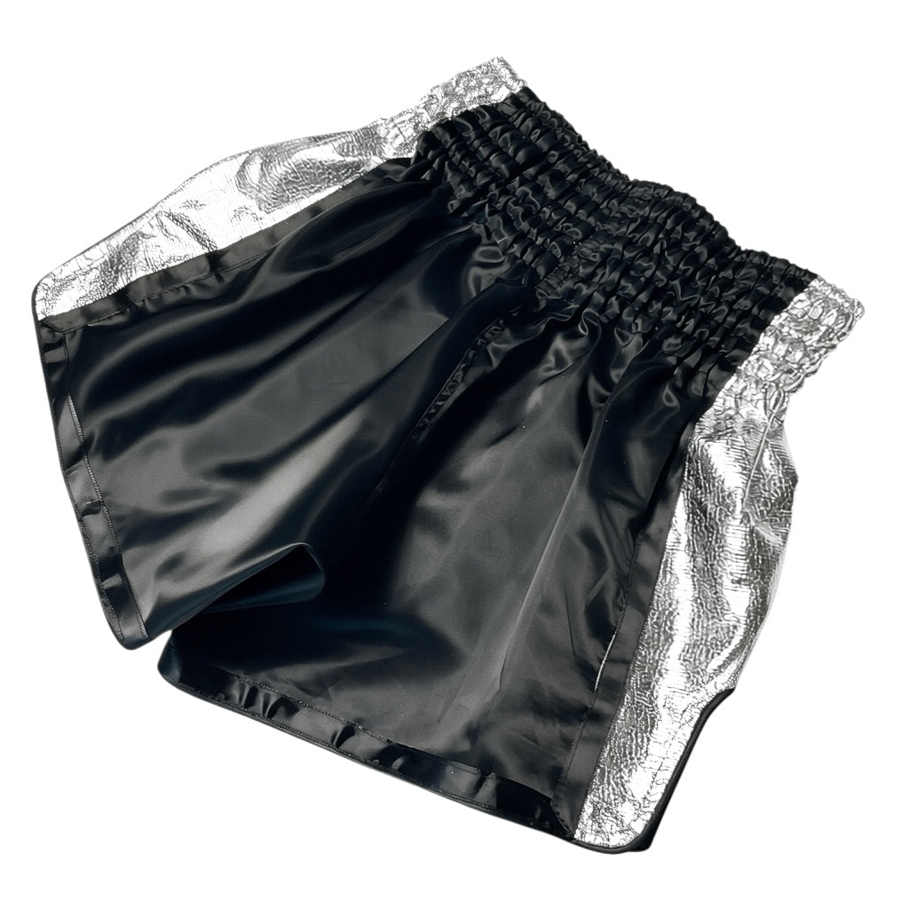 XXS Black & Silver Side Stripe Satin Muay Thai Trunks