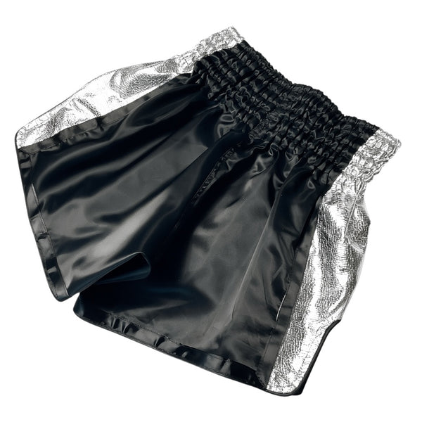 XXS Black & Silver Side Stripe Satin Muay Thai Trunks