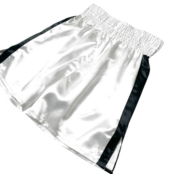 XXS White & Black Side Stripe Satin Boxing Trunks